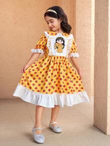 Young Girl Elegant Floral Rose Print Half Sleeve Collar Dress, Lace Trim, Suitable For Vacation, Casual Outing, Holiday Party, Spring/Summer, Young Girls Dresses For Girls Yellow - Yellow - View 8