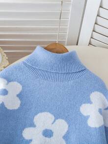 SHEIN 2pcs/Set Girls Floral Sweater & Flared Pants, Autumn/Winter - Blue - View 3