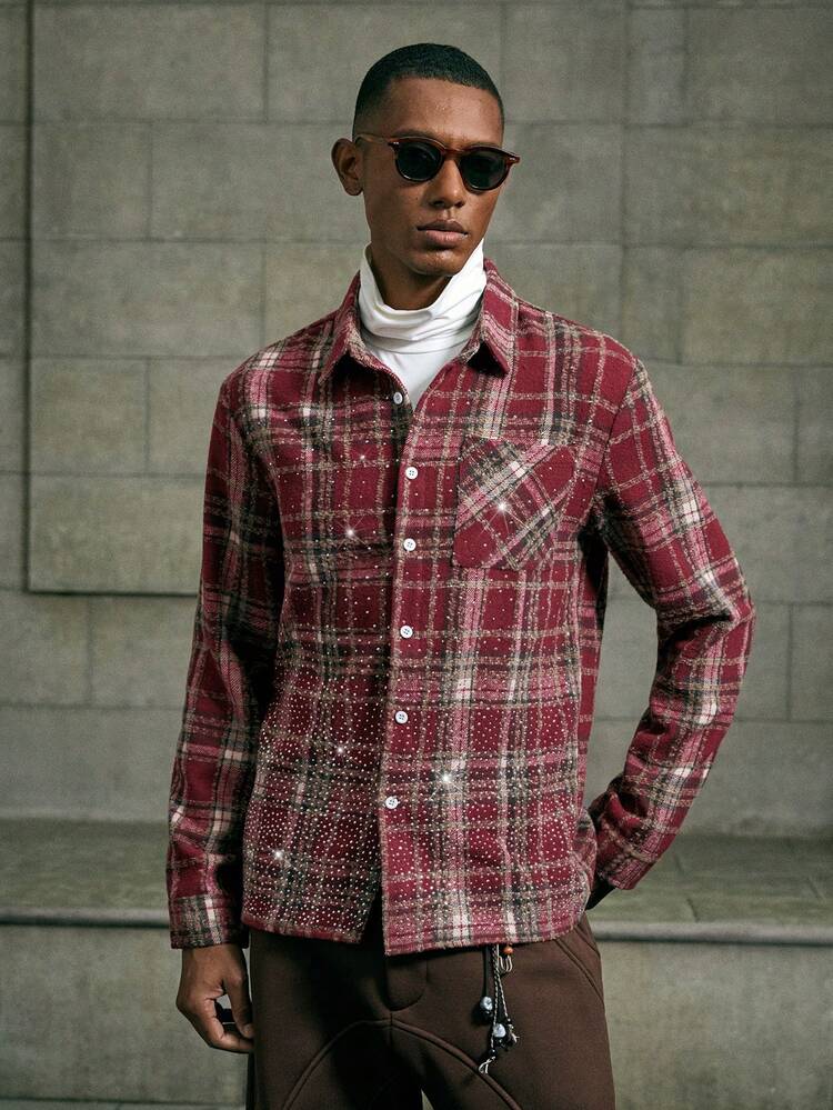 Men's Plaid Long Sleeve Single-Breasted Pocket Rhinestone Embellished Shirt Cowboy Men Shirts Streetwear Men's Plaid Flannels For Men Jackpot Sumwon Burgundy Men's Shirt