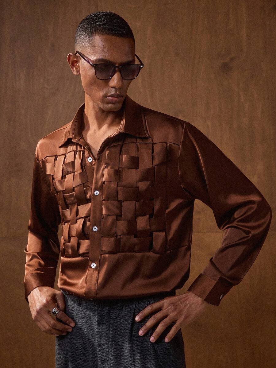 AKNOTIC Men's Deep Orange Versatile Comfortable Loose Fit Casual Shirt, Choice Cowboy 70s Flannel Shirt Brown Rodeo Shirt - Brown - View 1