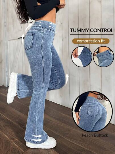 SHEIN PETITE Women's Elastic Waist Casual Versatile Flare Leg Jeans