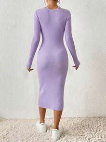 Vestido mujer casual estilo moderno canalé material sintético sin estampado ajuste ceñido cuello V manga larga otoño invierno uso diario vestido - Púrpura malva - Ver 2
