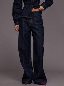 MUSERA 阔腿双缝线前片深色水洗牛仔裤（仅裤子）秋冬夜间外出街头风可爱返校性感未剪裁时尚 - 藍色 - 查看 2