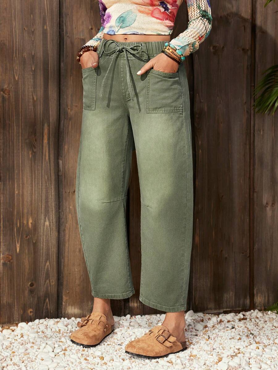 SHEIN LUNE 女士复古硬币休闲宽松阔腿牛仔裤 - 軍綠色 - 查看 1