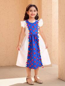 Girls,Young Girl Blue Background Red Flower Contrast Color Dress,White,Summer,Fairy,Family Matching Colorful Pom Pom Decor,Cap Sleeve Design,Party - Multicolor - View 3