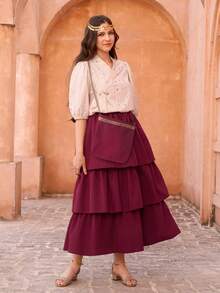 2pcs/Set Teenage Girls' Blouse + Skirt Set, Featuring Middle Eastern Color Palette And Modest Tailoring, Suitable For Ceremonies And School Events - Multicolor - View 3