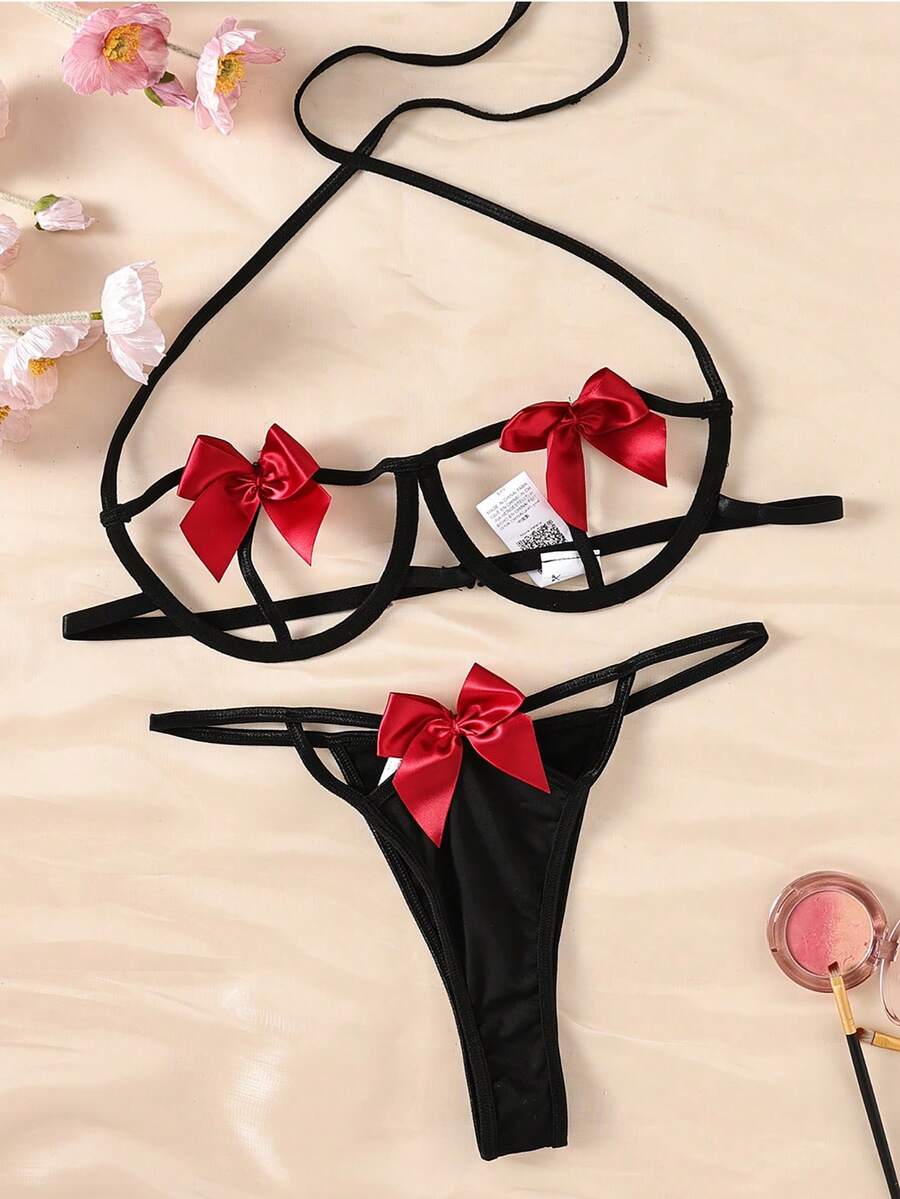 Biustonosz z wyciętymi bokami, fiszbinami i stringami, seksowny komplet bielizny na wyjścia