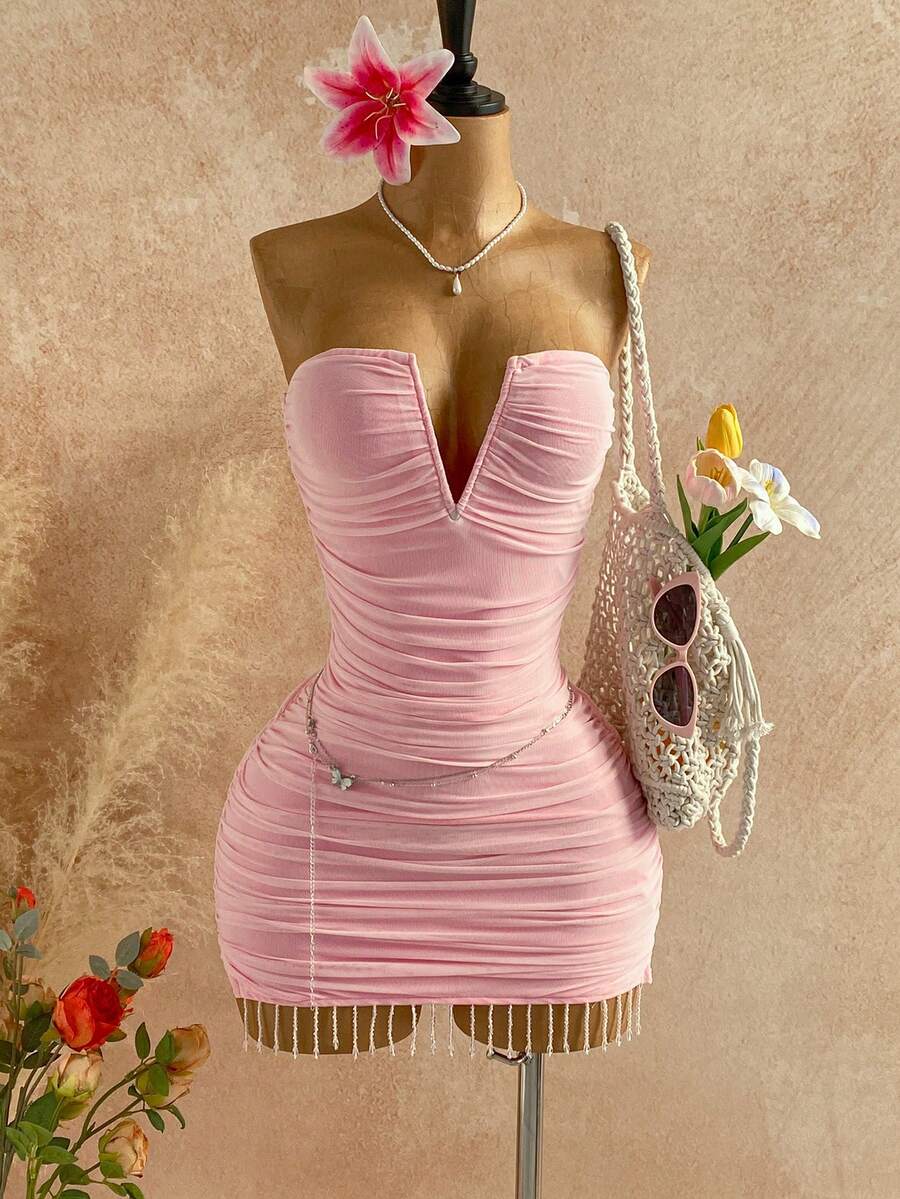 SHEIN x Eduarda Gutierrez Soleia Spring/Summer New Casual Vacation Western Beach Wedding Guest Attire Graduation Brunch Wear St. Patrick's Day Spring Break Easter Music Festival Elegant Boho Tropical Chic Party Valentine's Day Pink Mesh Backless V-Neck Ruched Beaded Tassel Mini Dress For Women