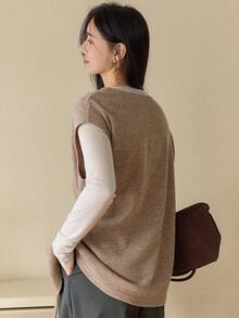 Dazy-Less Brown Sleeveless Pullover Vest, Casual & Fashionable T-Shirt For Women, Autumn/Winter - Khaki - View 2