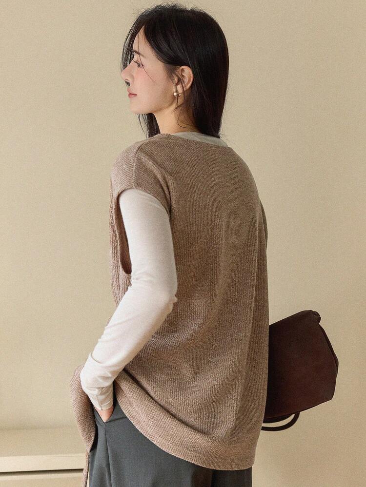 Brown Sleeveless Pullover Vest, Casual & Fashionable T-Shirt For Women, Autumn/Winter