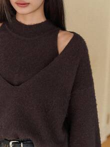 Dazy-Less 棕色宽松休闲百搭套头毛衣，时尚二合一设计，女士秋冬款