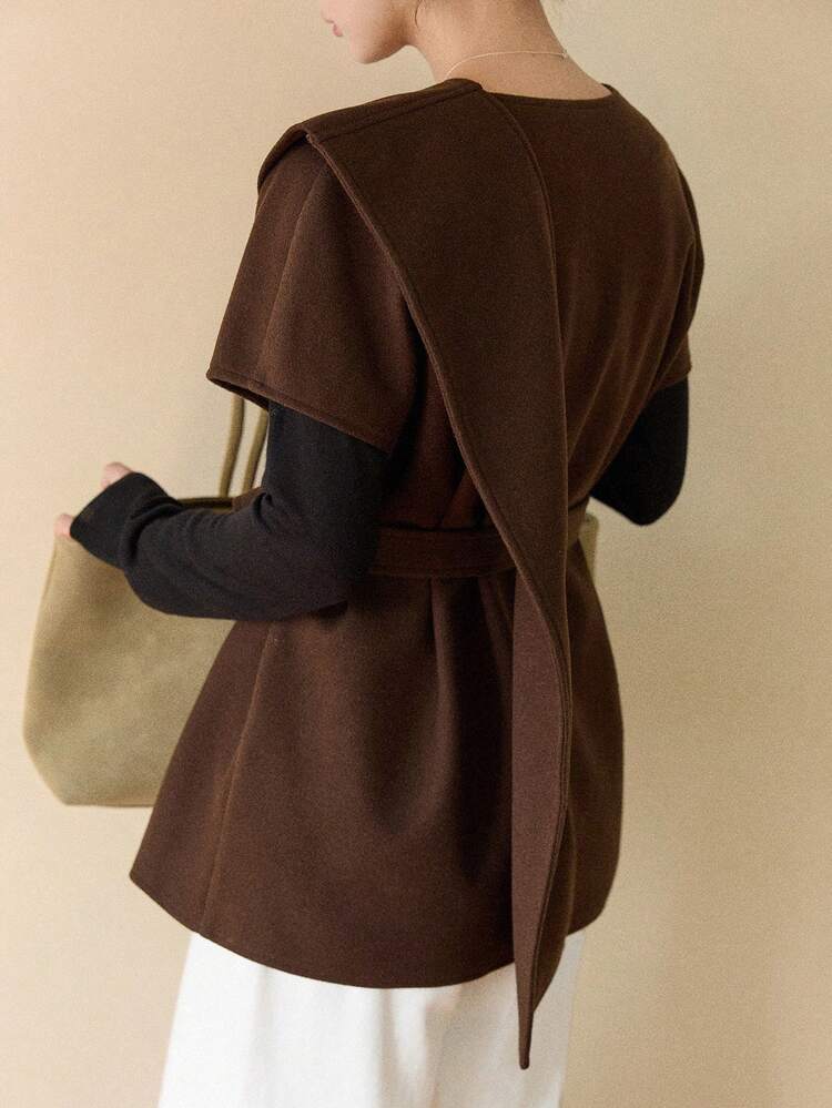 Women's Casual Sleeveless Brown Wool Blend Jacket, Fashionable For Autumn And Winter Women Coats Business Casual Woman