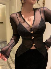 DAZY 女士时尚性感透视开衩上衣 Y2K 春季外出上衣 - 黑色 - 查看 8