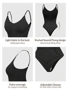 SHAPORA Seamless Low Back Thong Bodysuit Full Body Shaper Bust&Butt Lifter-Tummy Waist Thigh Control - Black - View 5