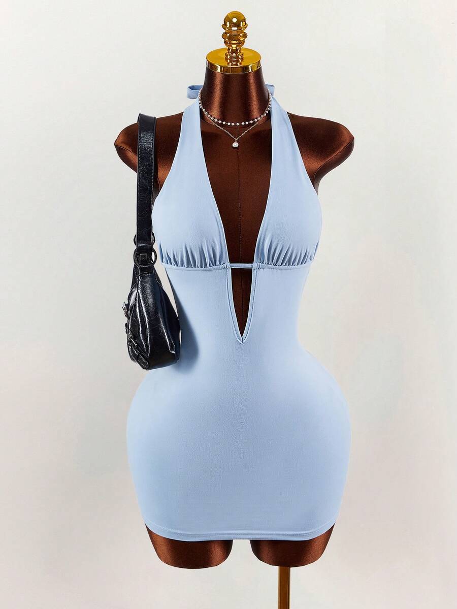 Amplova 2026新款极简主义蓝色低胸露背收腰修身迷你连衣裙，运动时尚风 - 藍色 - 查看 1