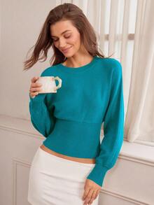 Hanevo Casual Round Neck Drawstring Waist Slim Fit Solid Color Knit Sweater, Versatile For Autumn/Winter - Dark Blue - View 5