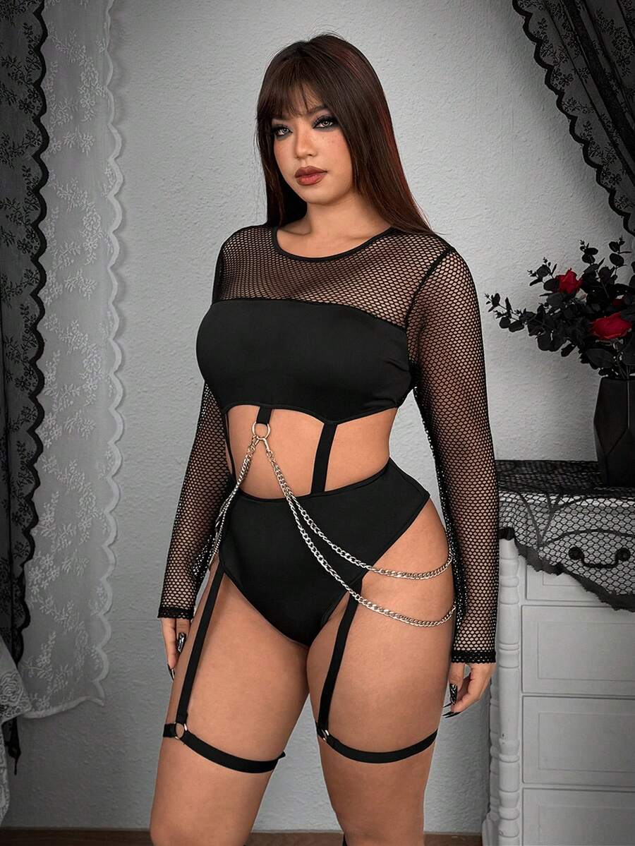Whyspr Plus Size Women's Round Neck Black,Autumn,Goth,Night Out Club Chain & Mesh Patchwork Bodysuit, Two Piece Set Mesh Outfit Stripper Outfits - Black - View 1
