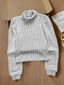 SHEIN Serisse Kids Tween Girls Solid Grey Textured Ribbed Fabric Mock Neck Lantern Sleeve Long Sleeve Tee, Casual Daily Wear Long Sleeve Top Turtleneck Knit Top Girl Knit Top Girls Knit Jumper Tween Ribbed Knit Top Solid Gray Turtleneck - Grey - View 4