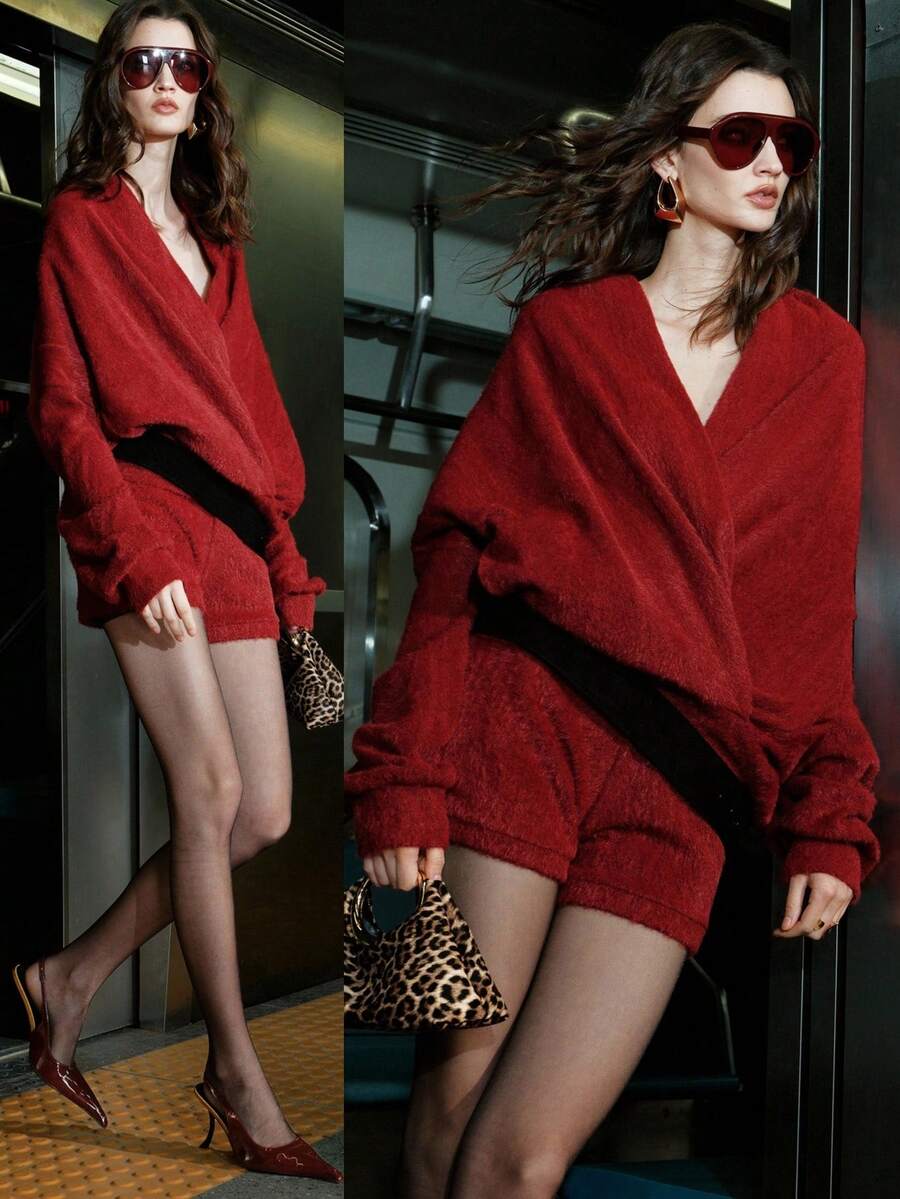 Airlisse Damen Herbst/Winter Crop Hoodie & Shorts Set mit tiefer Taille 2 Stücke, sexy, geeignet für Abschluss, Schulanfang, Lässig, Pendeln, Alltag - Bordeaux - Übersicht 1