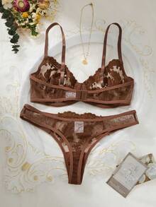 Esselle 2pcs Women Sexy Camisole Bra And Panty Lingerie Set - Coffee Brown - View 2