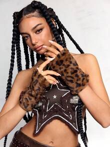 ROMWE Goth 1双Y2K时尚独特甜美酷炫复古高品质保暖仿兔毛豹纹虎纹长袖露指手套套装，适合女性日常穿搭和节日礼物 - 黃棕色-5 - 查看 3