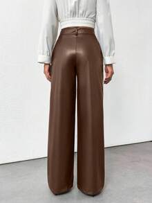 EURMUSE Gold Button Detailed Straight Fit Leather Pants - Brown - View 2