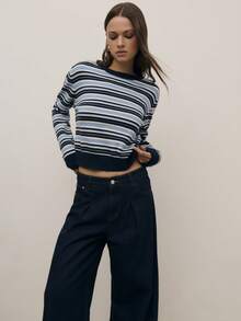 Nöista Striped Knit Long-Sleeve Top With Crew Neck And Ribbed Trims. Soft And Lightweight, Perfect For Smart-Casual Outfits, Weekend Wear And Cozy Spring Looks. - Navy Blue - View 2