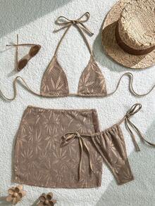 Swim SXY 新款棕色三件套超三角露背性感女士泳衣套装 - 棕色 - 查看 3