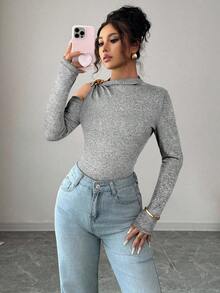 Siren Gaze 黑色修身镂空长袖T恤，秋季新品系列 - 灰色 - 查看 4