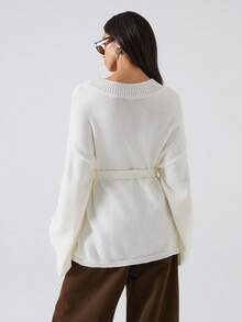 LYSMO 2025 New Minimalist Women's Solid Color Drop Shoulder Long Sleeve Casual Tie Front Knit Cardigan, Autumn/Winter/Christmas /New Year/Thanksgiving / Party/Stylish - Beige - View 2