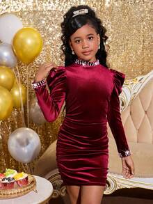 فستان مناسب للبنات المراهقات بياقة مزينة بالخرز وخصر ضيق وأكمام منتفخة، مناسب لحفلات عيد الميلاد، هدية عيد الميلاد، فستان أحمر، ملابس للبنات