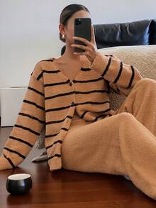 DAZY Bộ đồ mặc nhà mùa đông 2 chiếc áo dệt kim kẻ sọc jacquard và quần ngủ rộng màu trơn cho nữ - màu nâu - Xem 8