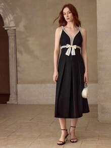 MOTF PREMIUM Đầm midi đính nơ trang trí ngọc trai giả cho nữ, thích hợp cho các buổi hẹn hò và tiệc tùng - màu đen - Xem 6