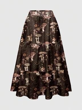 Fairycore 3-Layer Fully Allover Print Mushroom, Nature, Hippie, Garden, Sun, Moon, Star, Floral, Plant, Leaf Pattern Skirt For Women