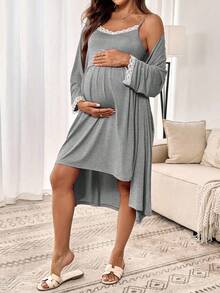 SHEIN 2pcs Maternity Lace Trim Robe And Camisole Nightgown Set