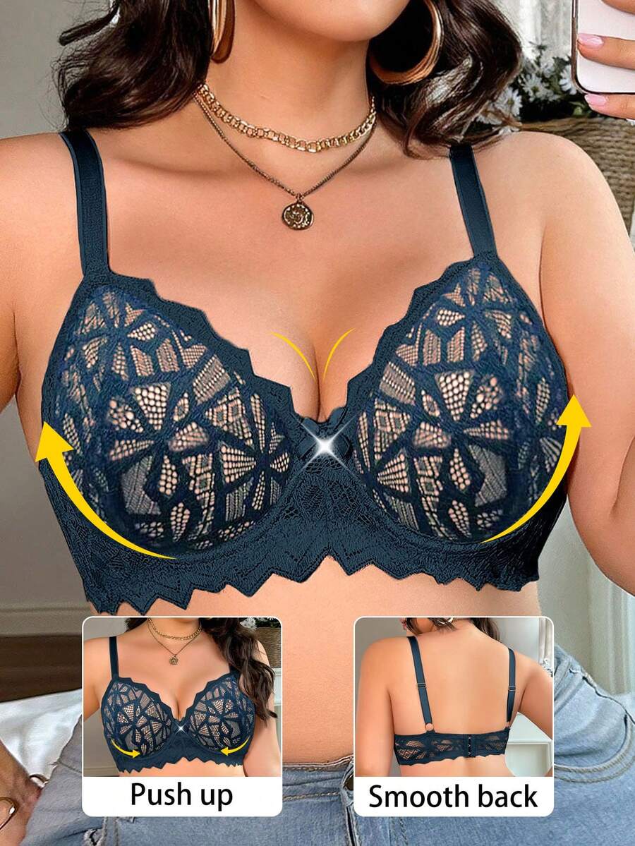 Plus Size Women Sheer Lace Underwire Push Up Bra, Lift - Army Green - View 1