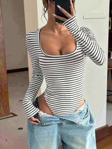 SHEIN EZwear Women Striped Boxy Collar Long Sleeve Casual T-Shirt Bodysuit, Autumn - Black and White - View 1