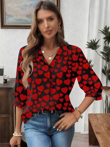 EMERY ROSE 1pc Women Plus Size Black And Red Heart Print V-Neck Long Sleeve Casual T-Shirt,Cute Autumn Blouses,New Year Party Valentine's Day Queen Of Hearts - Multicolor - View 5