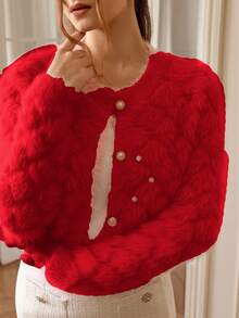 Chiquease Cárdigan elegante de mujer con cuello en V, estampado de diamantes y tachuelas, de imitación de visón - Rojo - Ver 1