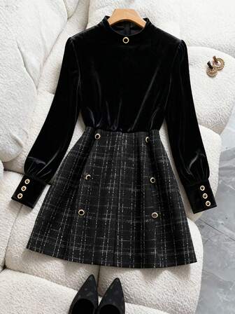 Regalyn Vestido elegante de manga larga con botones y brillo para mujer de talla grande, otoño/invierno