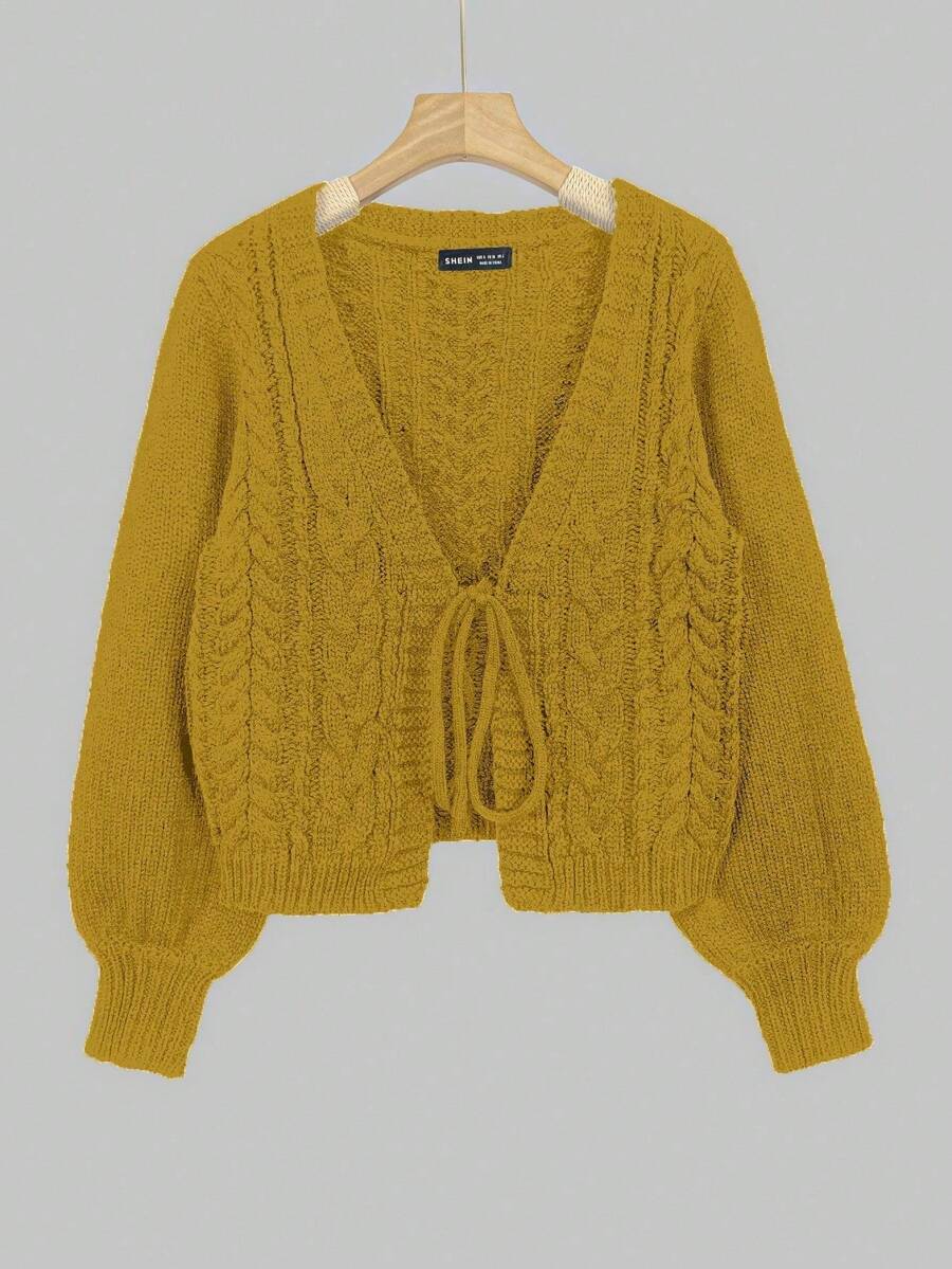 SHEIN Unity Women's Autumn/Winter Long Sleeve Cable Knit Tie Front Cardigan - Yellow - View 1