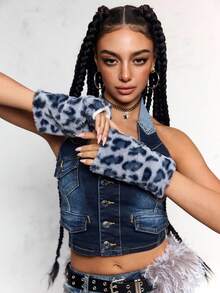 ROMWE Goth 1 Pair Y2K Stylish Sweet Casual Cute High-Quality Plush Warm Blue Faux Rabbit Fur Leopard Tiger Animal Print Gloves With Long Sleeve Cuff, Fingerless Mittens Combo Set, Suitable For Women Daily Outfit, Holiday Gift - Blue -1 - View 3