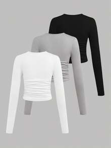 SHEIN EZwear 3 件套大码女式休闲纯色圆领褶皱长袖 T 恤，秋冬款 - 彩色 - 查看 2