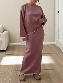 EURMUSE Women Stitch Detailed Round Neck Drop Shoulder Pullover & Sweater Skirt Set - Dusty Pink - View 3