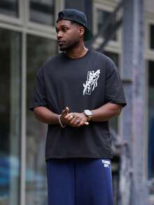 Heavens Edit Men's Casual Sword & Cherry Blossom Graphic Print Loose Fit Round Neck T-Shirt, Black - Black - View 6