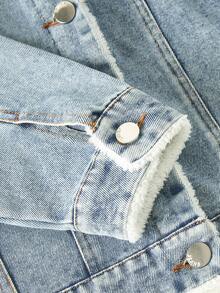 SHEIN Chaqueta vaquera azul lavada informal y holgada para niños preadolescentes, con diseño de cuello y forro térmico cómodo, versátil para otoño/invierno - Lavado ligero - Ver 6