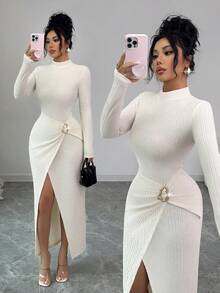 Elenzga Đầm dự tiệc đa năng hàng ngày, cổ áo Mandarin, dệt kim họa tiết, viền kim loại, nút bấm, gợi cảm, thanh lịch dành cho nữ - Màu be - Xem 8