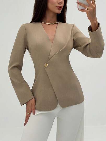 Aloruh Kakifärgad minimalistisk kontorspendlare med djup V-midja och veckad långärmad kavaj för kvinnor