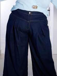 Pretty and Ole Jeans bleu foncé grande taille taille haute pantalon jambe large, vêtement élégant pour dames, confortable avec taille élastique, vêtements pour femmes en automne - Jean brut - Voir 8