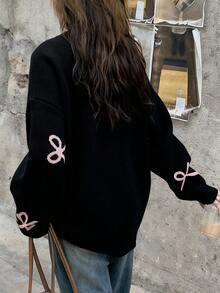 DAZY 女士休闲宽松圆领长袖蝴蝶结针织毛衣 - 黑色 - 查看 2